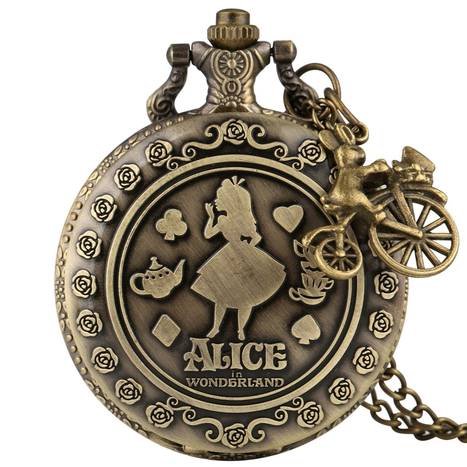 Retro Alice in Wonderland Theme Bronze Lovely Princess Quartz Pocket Watches