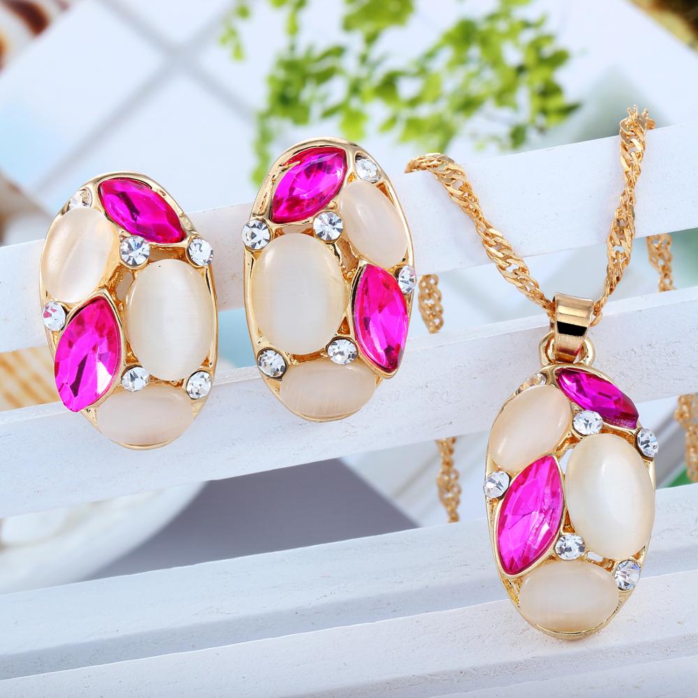 Luxury Austrian Crystal Opal Flower Pendant Jewelry Sets