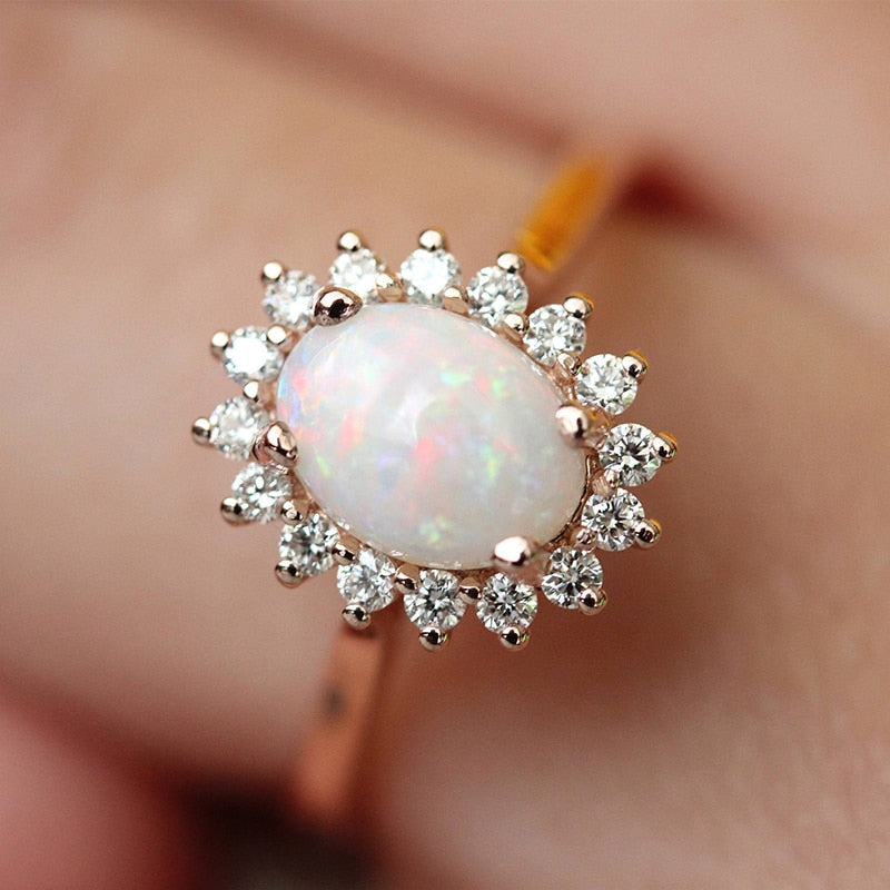 Rings For Women Egg-Shaped Opal & CZ  Rose Gold Color  Wedding Engagement Ring