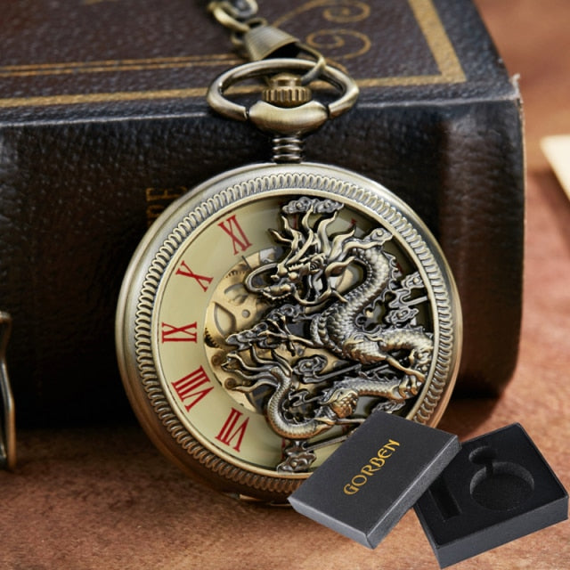 Dragon Play Ball Steampunk Skeleton Hand-wind Flip Clock Fob Watch