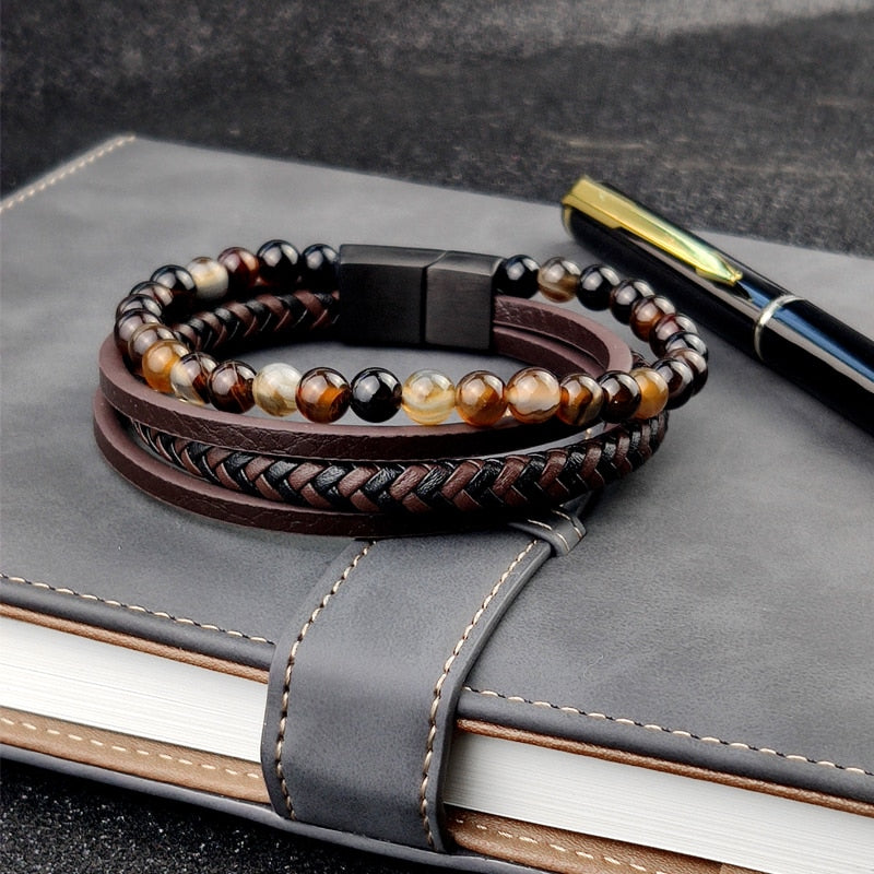 Boho Jewelry Beads Leather Charm Bracelet for Men