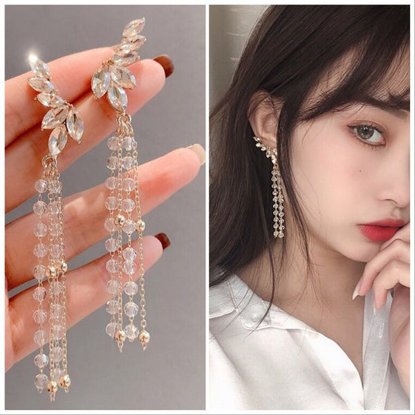 Pendientes de clip con borlas de cristal largas y llamativas con alas de ángel sin perforar