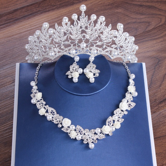 Luxury Bride Crystal Pearl Flower Costume Jewelry Sets