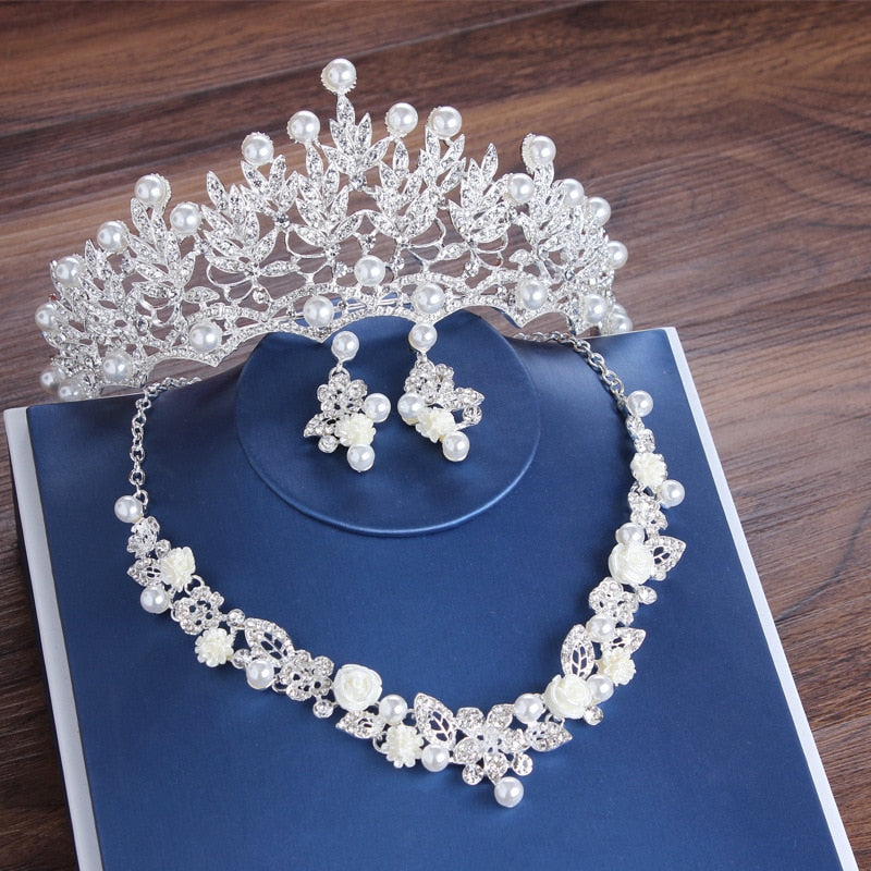 Luxury Bride Crystal Pearl Flower Costume Jewelry Sets