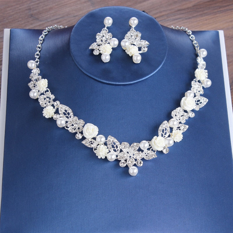 Luxury Bride Crystal Pearl Flower Costume Jewelry Sets