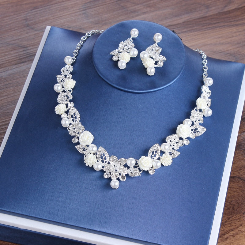Luxury Bride Crystal Pearl Flower Costume Jewelry Sets