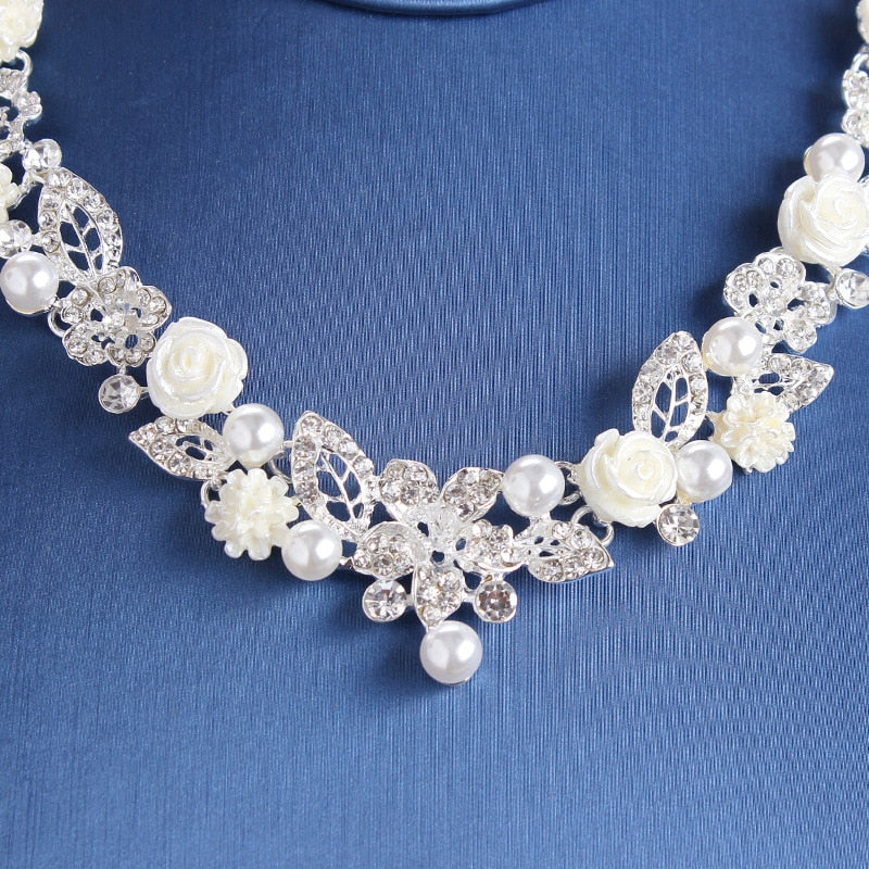 Luxury Bride Crystal Pearl Flower Costume Jewelry Sets