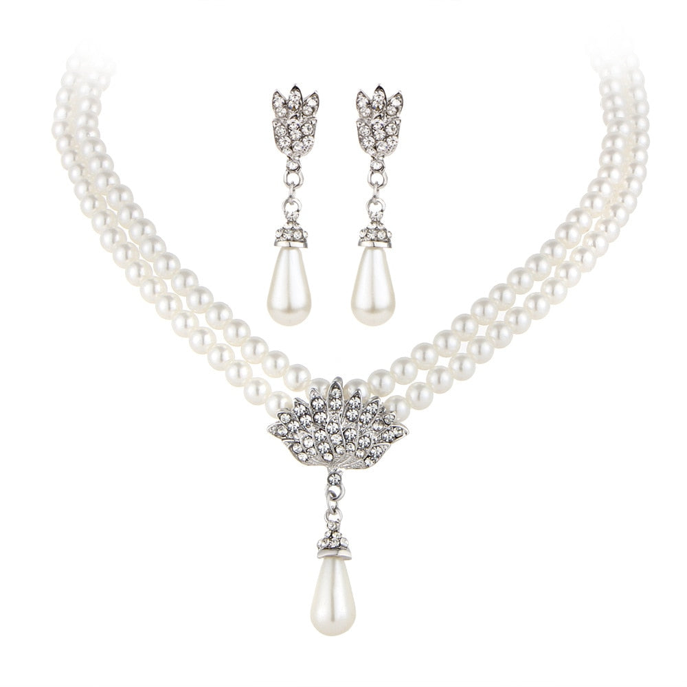 Bride Pearl Crystal With Short Collarbone Neck Necklace Set