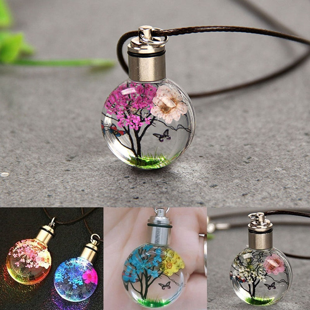 Luminous Dried Flower Butterfly Glass Ball Women Necklace