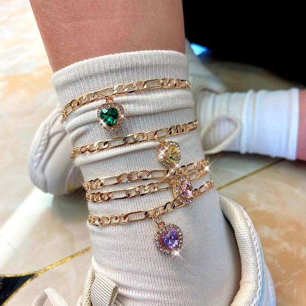 Juego de 2 tobilleras de cobre dorado con corazón brillante y cristal para niñas