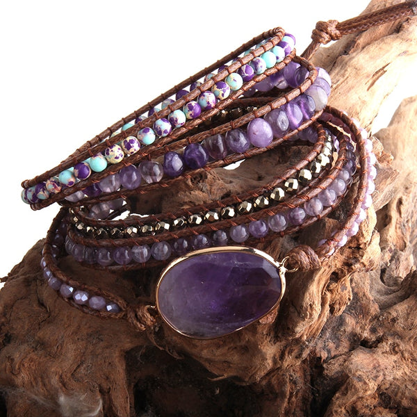 Pulseras envolventes de 5 hebras con piedras naturales mixtas de estilo bohemio