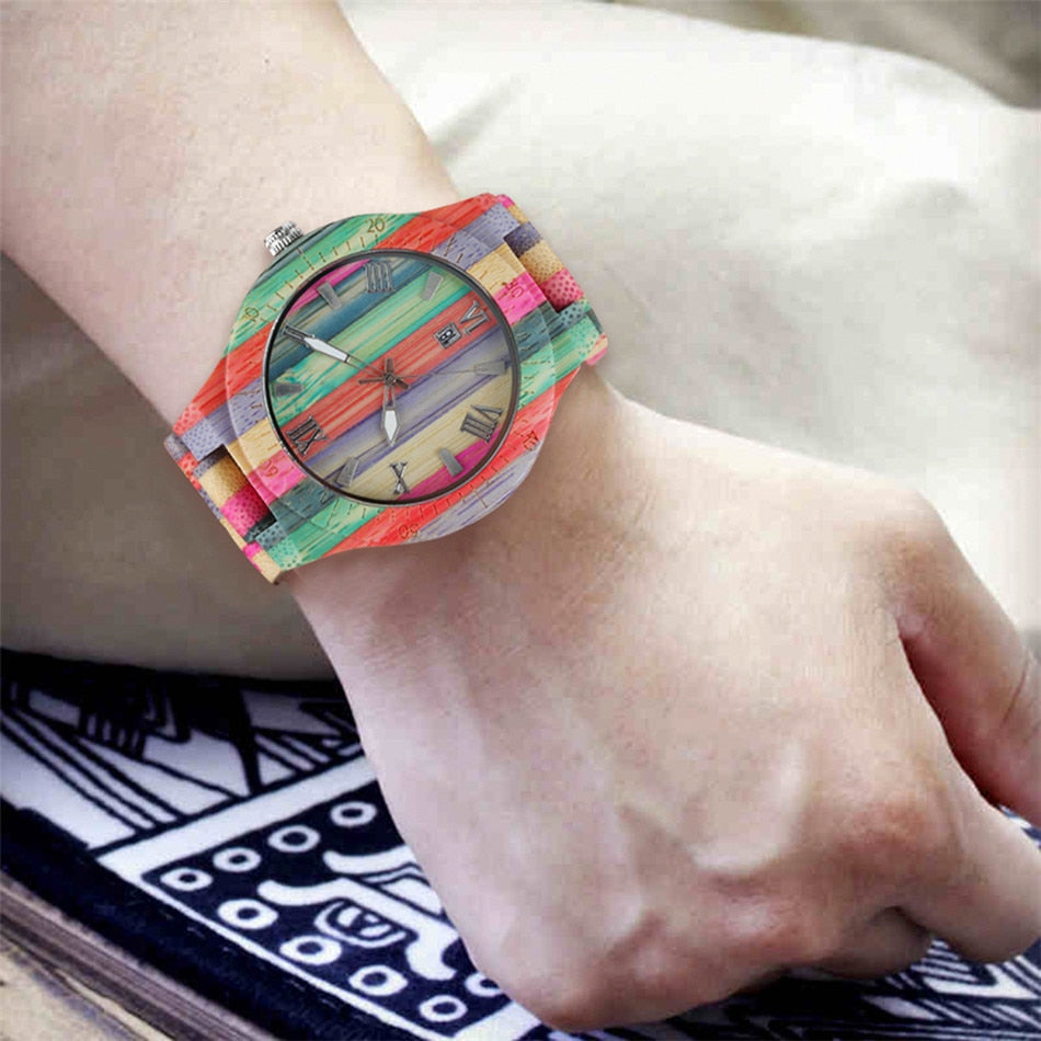 Natural Multi-Colored Bracelet Lovers New Concept Wood Wristwatch