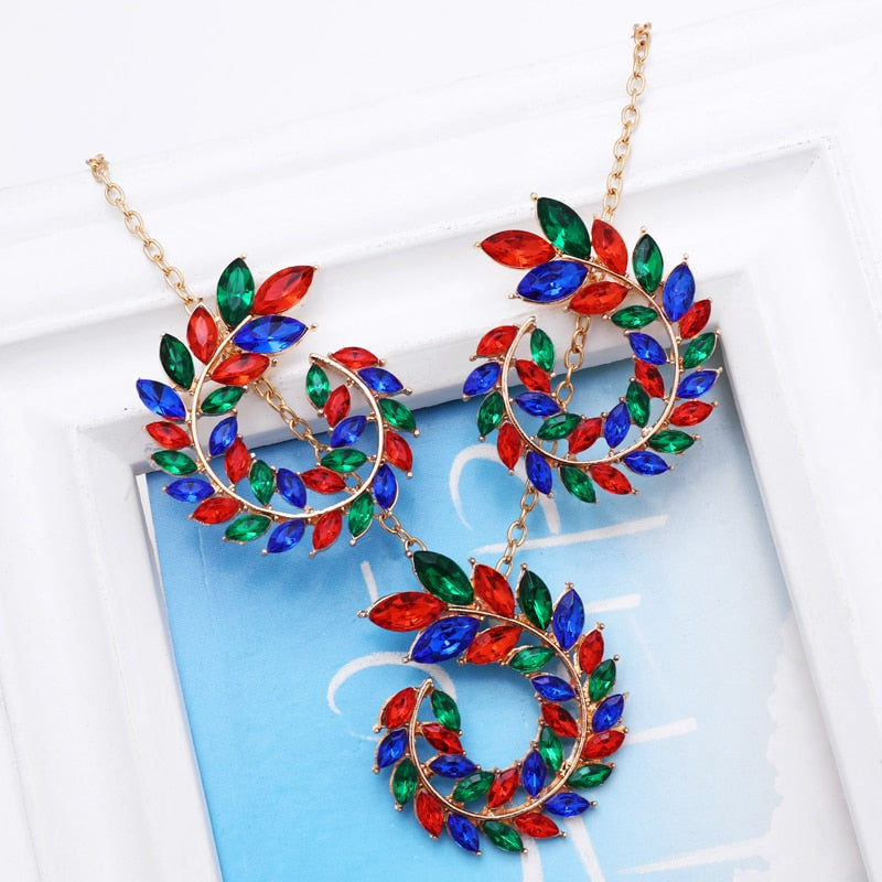 Bohemian Rhinestone Gold Color Leaf Earring&Necklace Set