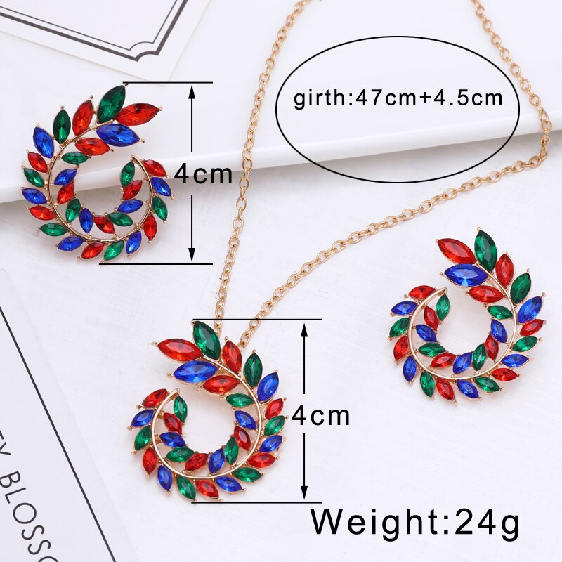 Bohemian Rhinestone Gold Color Leaf Earring&Necklace Set
