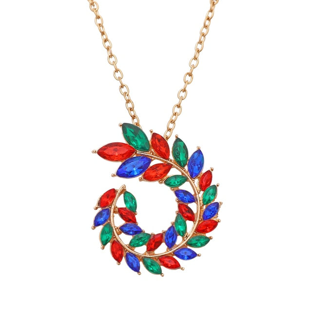 Bohemian Rhinestone Gold Color Leaf Earring&Necklace Set