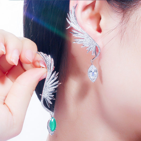 Fashion White Cubic Zirconia Long Angel Wing Leaf Dangle Drop Stud Earrings