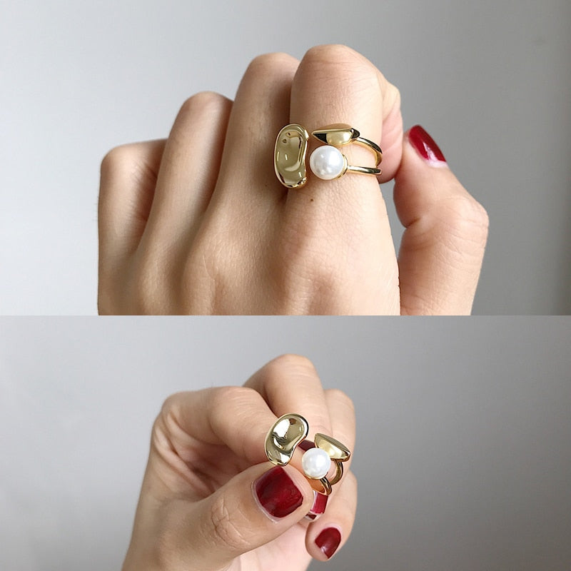 Big Imitation Pearls  Gold Color Metal Hollow  Rings