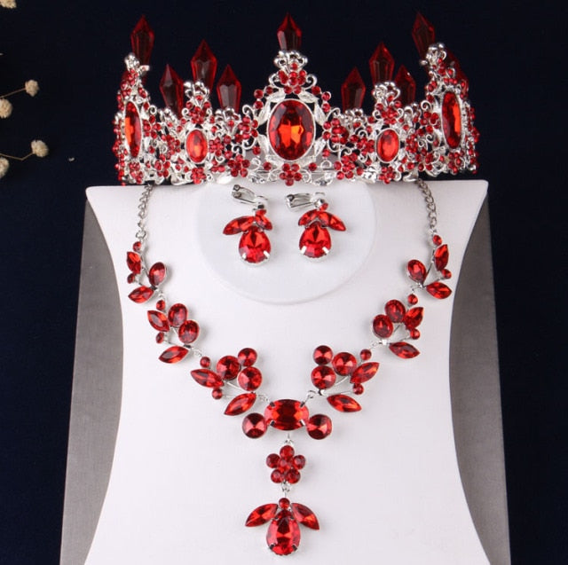 Luxury Silver Plated Red Crystal Flowers Bridal Jewelry Sets