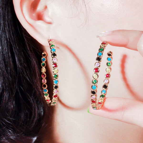 Multicolor Vintage Round Cubic Zircon Gold Color Unique Long Big Rainbow Circle Hoop Earrings