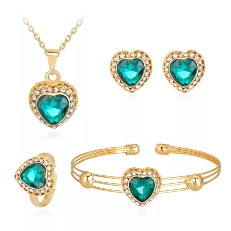 Crystal Heart Necklace Bangle Ring Earrings Set