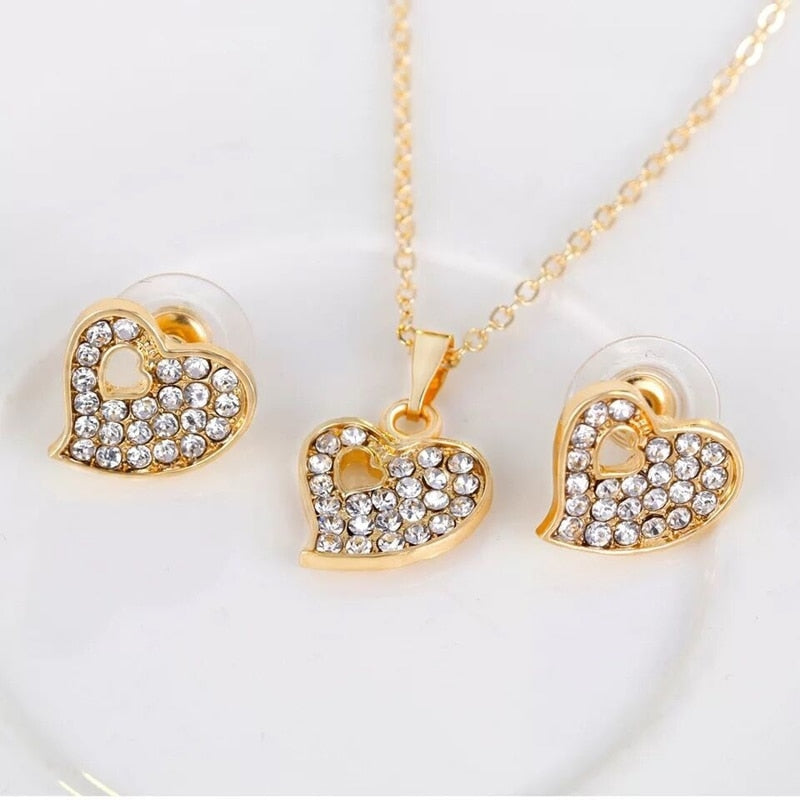 Crystal Heart Necklace Bangle Ring Earrings Set