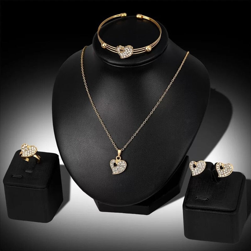 Crystal Heart Necklace Bangle Ring Earrings Set