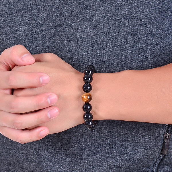 Natural Black Onyx with Tiger eye Stone Beads Men  Bracelet