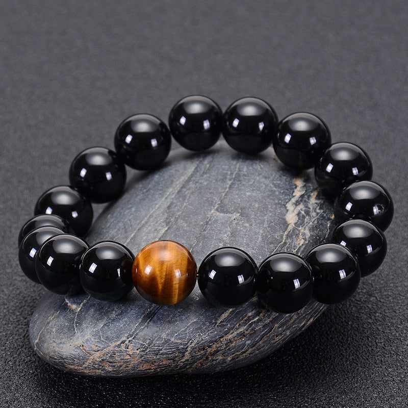 Natural Black Onyx with Tiger eye Stone Beads Men  Bracelet