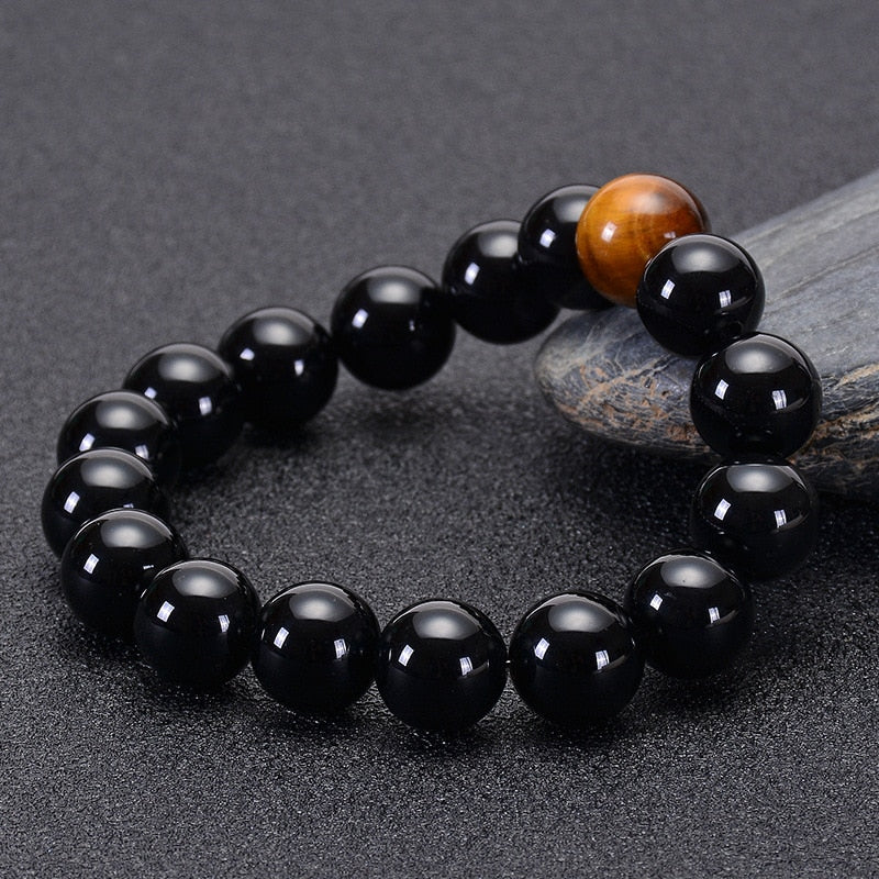 Natural Black Onyx with Tiger eye Stone Beads Men  Bracelet