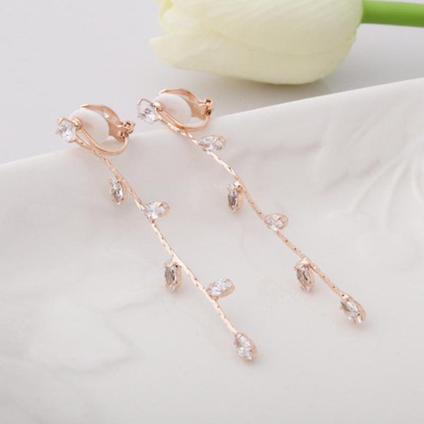 Long Tassel Rhinestone crystal Clip on Earring no pierced for Women