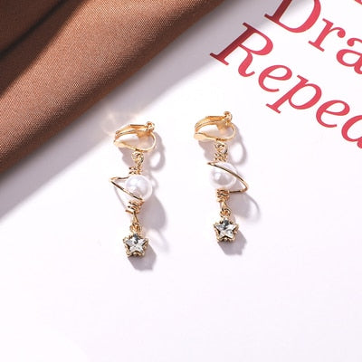 Rhinestone Pearl Korea Style Asymmetrical  Clip on Earrings