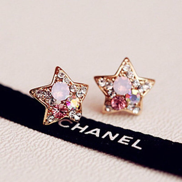 Pendientes de clip de lujo con forma de estrella y diamantes de imitación de colores para mujer