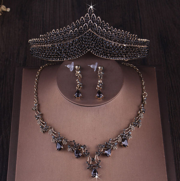 Conjuntos de joyas nupciales vintage con corazón de cristal negro y dorado