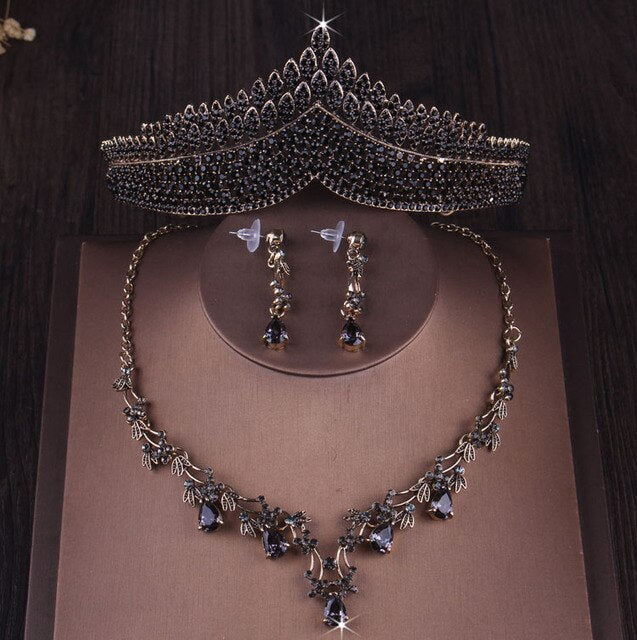 Baroque Vintage Gold Black Crystal Heart Bridal Jewelry Sets