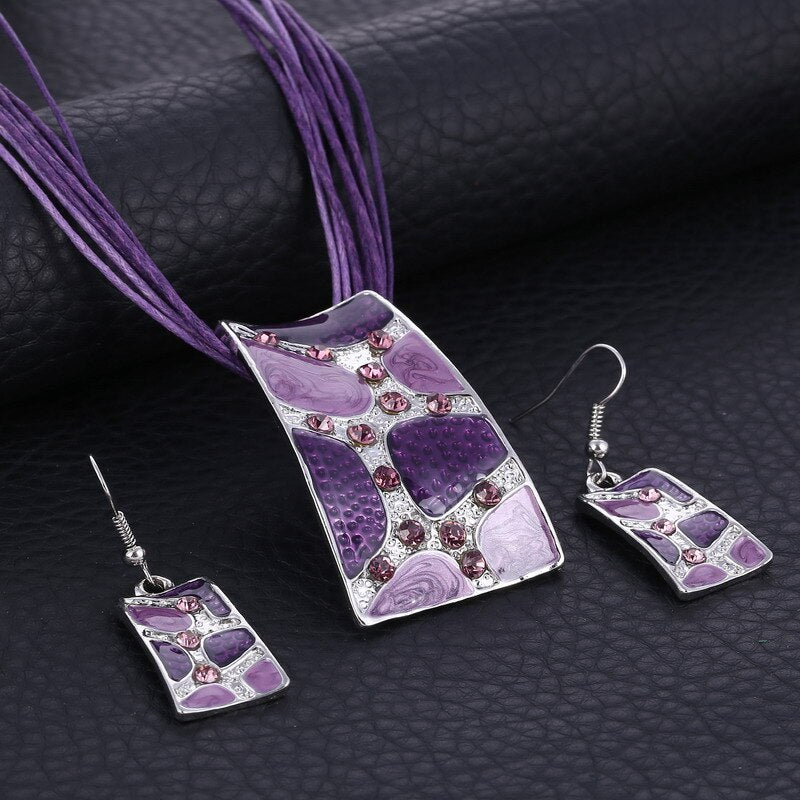 Silver Color Painting Pendant Necklace Earrings Bridal Jewelry Sets