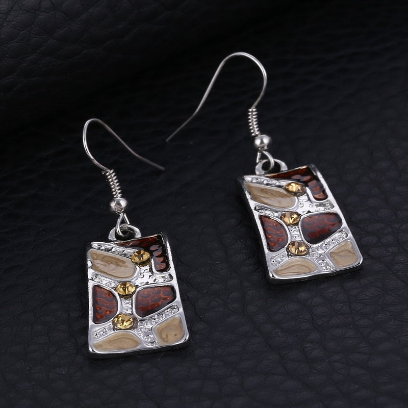 Silver Color Painting Pendant Necklace Earrings Bridal Jewelry Sets