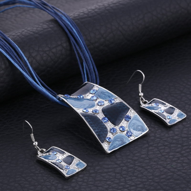 Silver Color Painting Pendant Necklace Earrings Bridal Jewelry Sets
