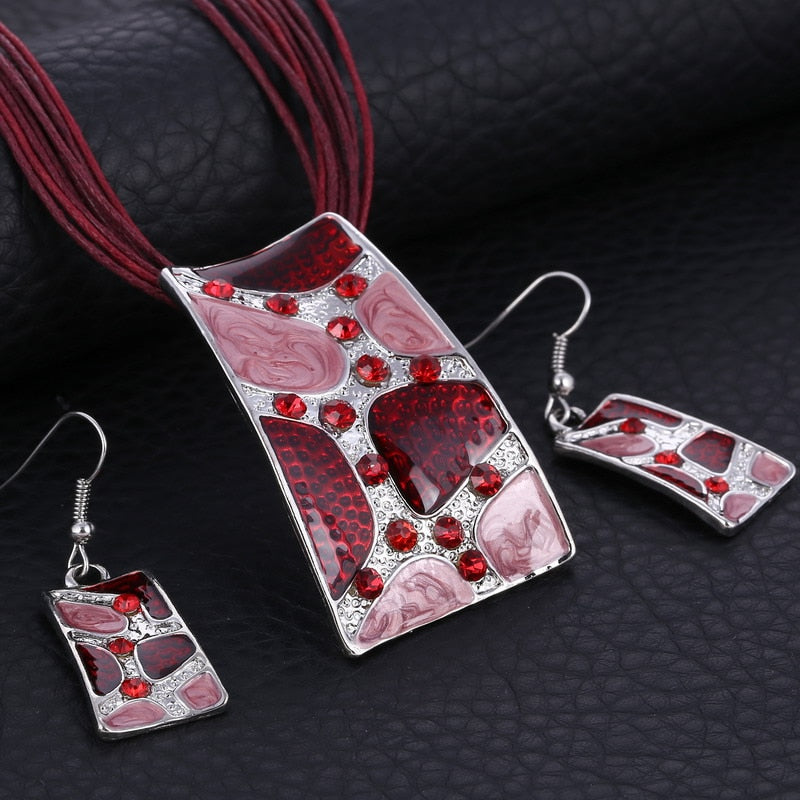 Silver Color Painting Pendant Necklace Earrings Bridal Jewelry Sets