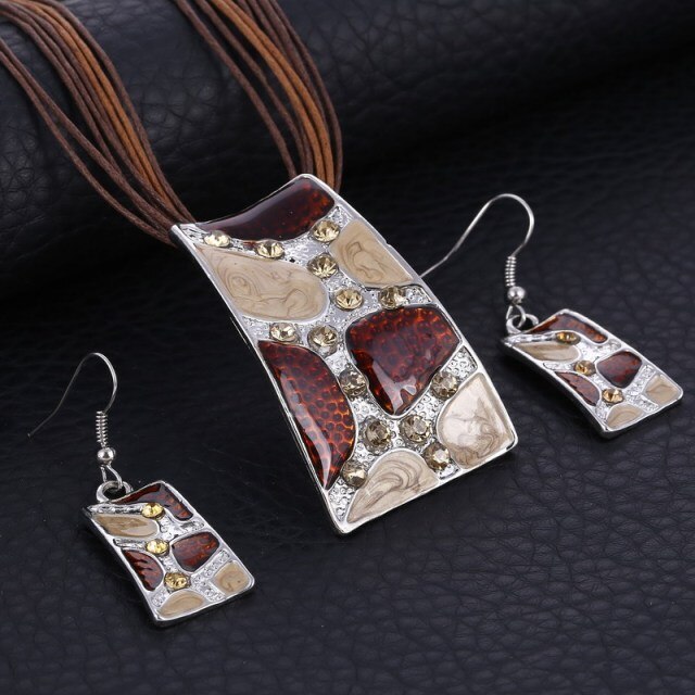 Silver Color Painting Pendant Necklace Earrings Bridal Jewelry Sets