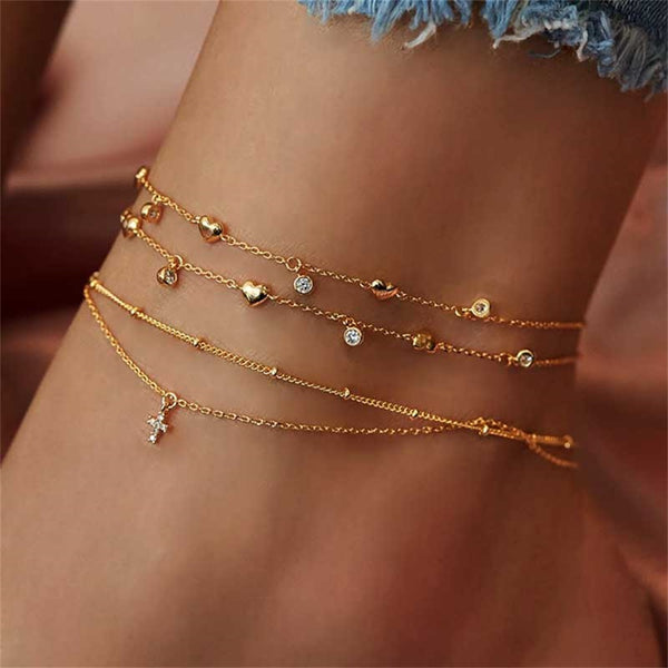 Tobilleras vintage con colgante de cruz y corazón para mujer