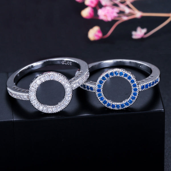 Silver Color Big Hollow Out Round Shape Blue Cubic Zirconia Simple Finger Rings