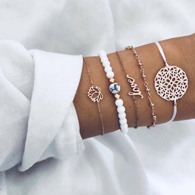 Boho Mixed Leaves Letter Map Chain Bracelet