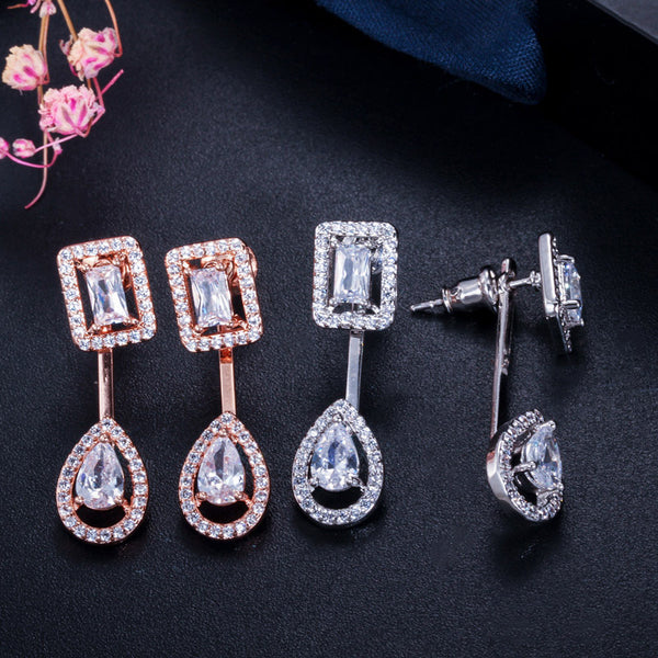 Pendientes largos con forma de gota de agua y circonitas cúbicas para mujer, elegantes, en color oro rosa y plata