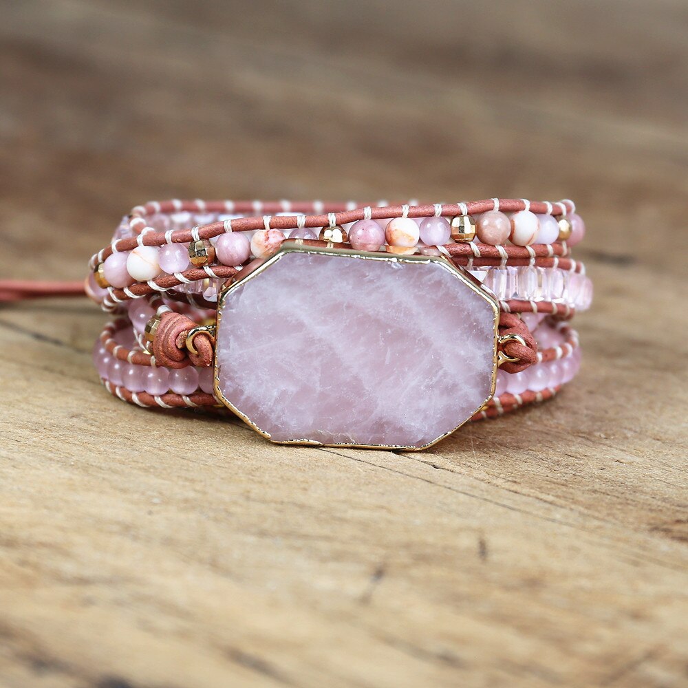 5 Strand Pink Quartz Leather Wrap Bracelets