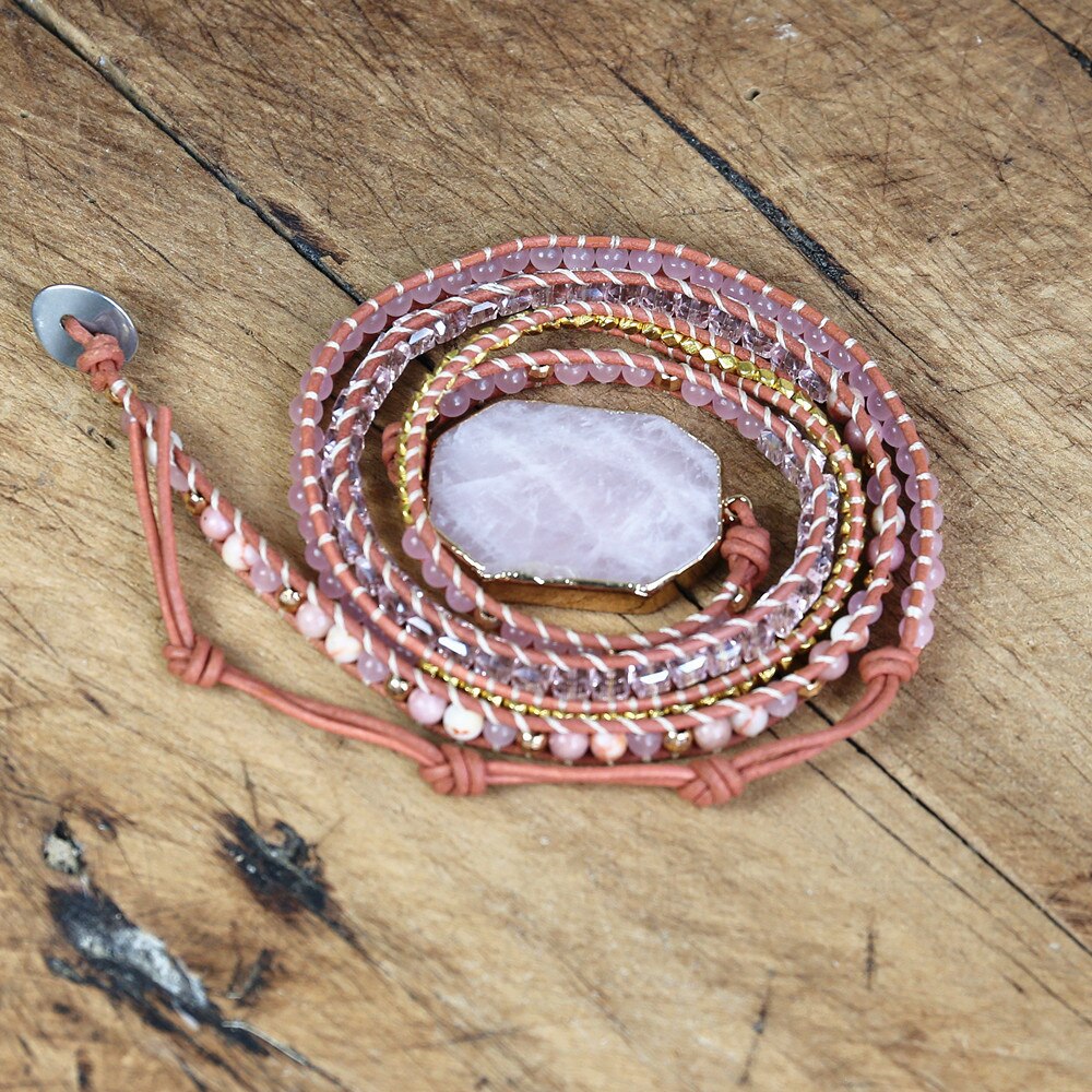 5 Strand Pink Quartz Leather Wrap Bracelets