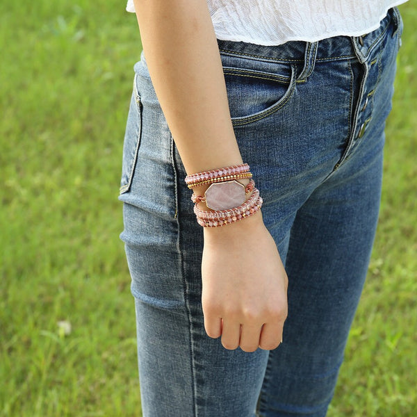 Pulseras de cuero de cuarzo rosa de 5 hebras