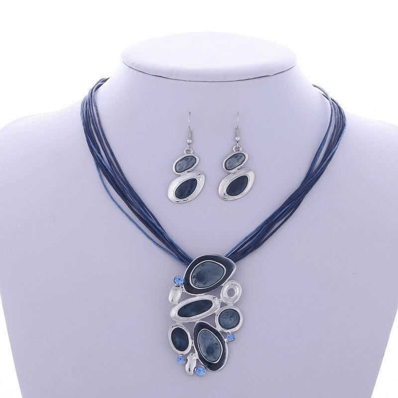 Blue Multi Layers  Oil Drip Necklace Earring Set