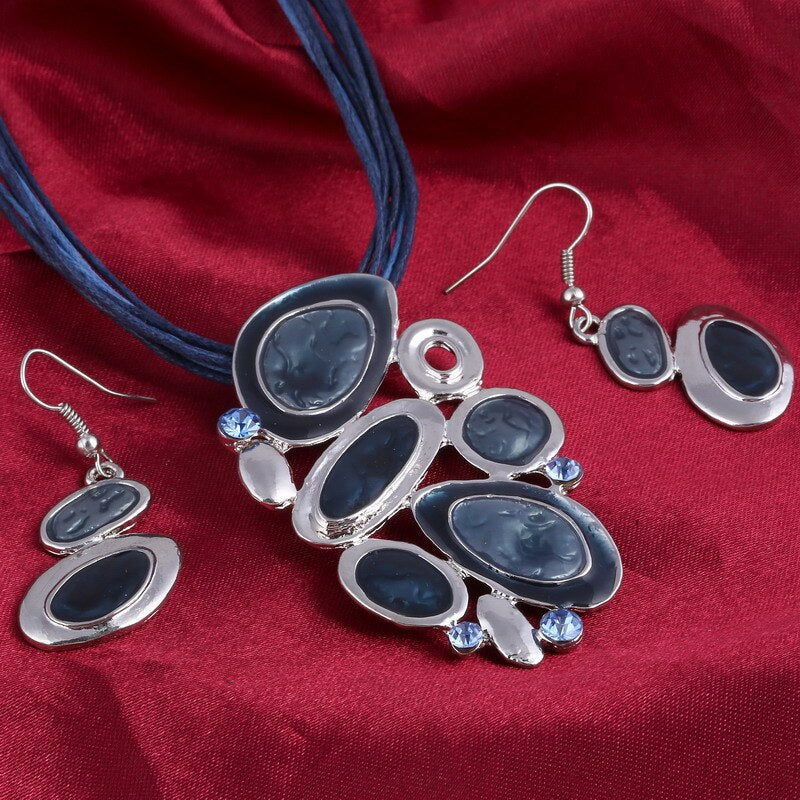 Blue Multi Layers  Oil Drip Necklace Earring Set
