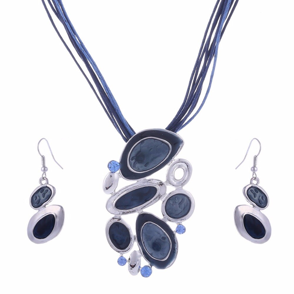 Blue Multi Layers  Oil Drip Necklace Earring Set