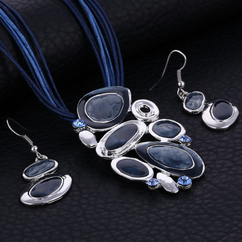 Blue Multi Layers  Oil Drip Necklace Earring Set